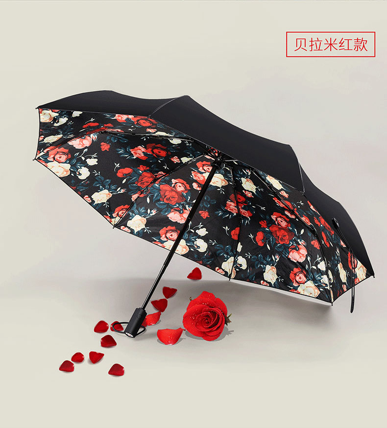 贝拉米红款全自动樱花黑胶晴雨折叠伞