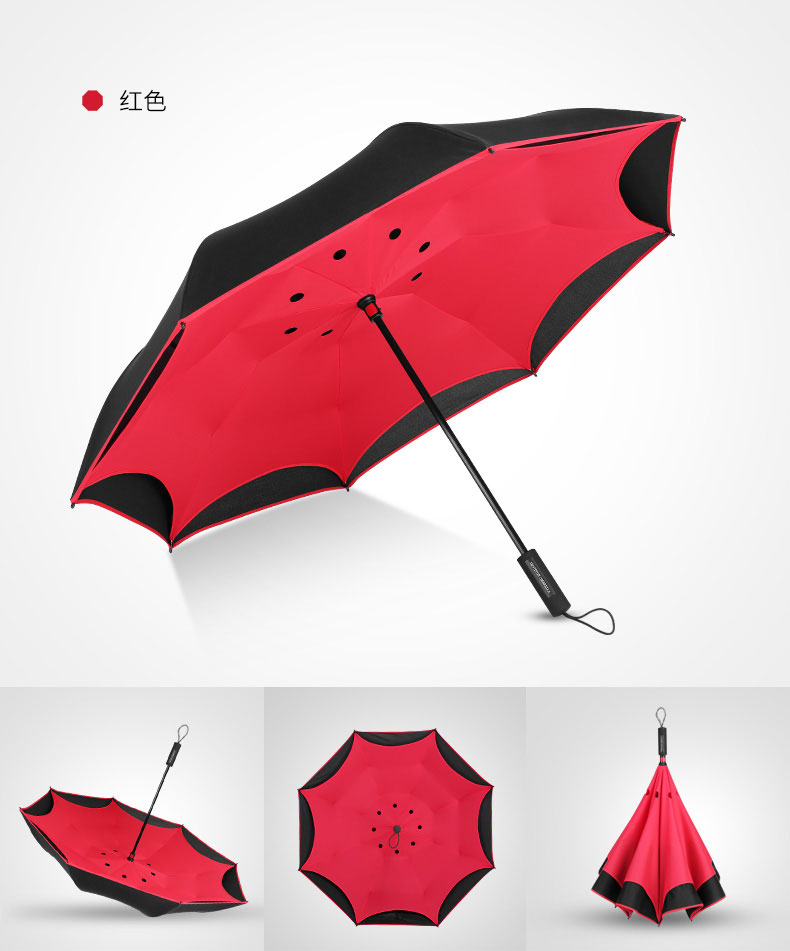红色款式23寸防风反向直杆伞各角度展示